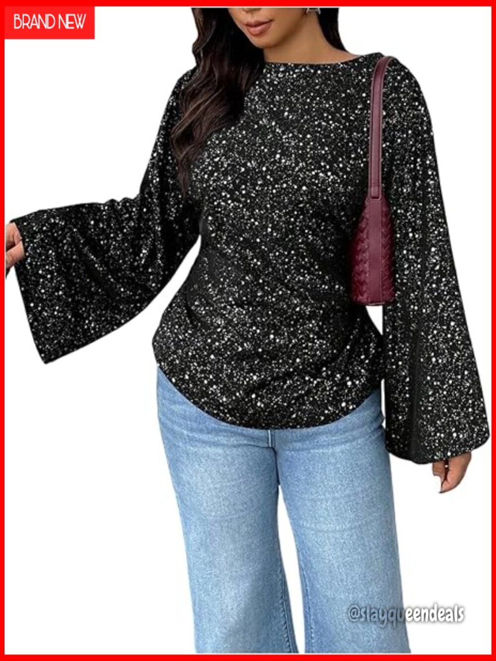 Plus Size Sparkly Sequin Bell Sleeve Blouse Tie Back Boat Neck Top